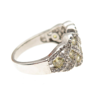 925 Sterling Silver Round-Cut Canary & White C Z Woven Ring Size 7