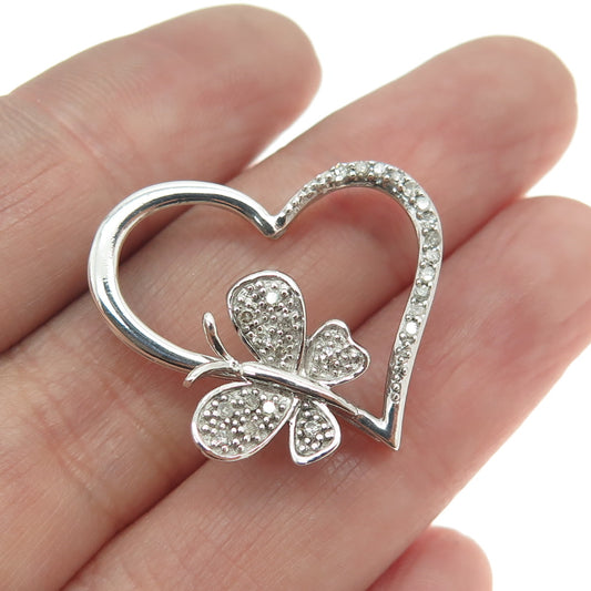 925 Sterling Silver Real Round-Cut Diamond Heart Butterfly Slide Pendant