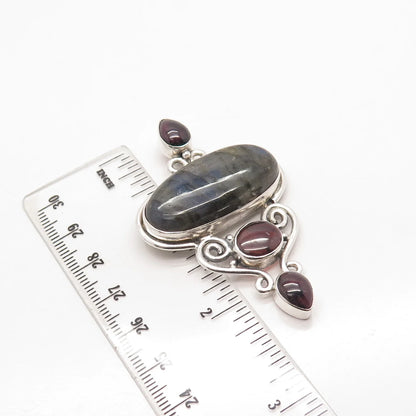 925 Sterling Silver Vintage Real Labradorite Amethyst & Tourmaline Gem Pendant