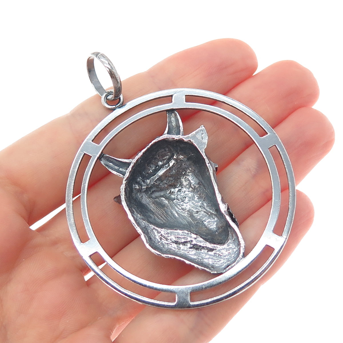 925 Sterling Silver Vintage Italy Real Ruby Taurus Zodiac Sign Oxidized Pendant
