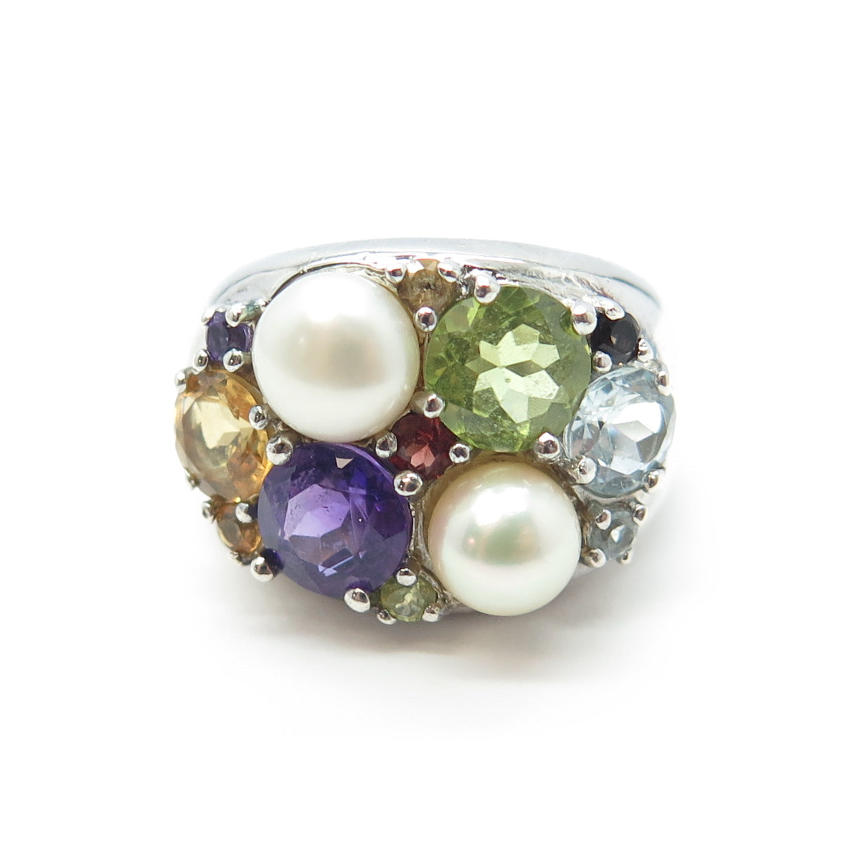 925 Sterling Silver Pearl Amethyst Topaz Citrine Peridot & Garnet Ring Size 7.25