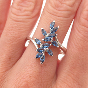 925 Sterling Silver Real Iolite Floral Adjustable Bypass Ring Size 9
