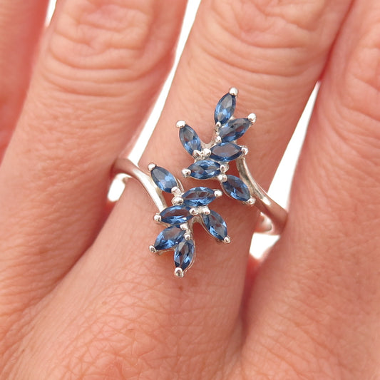 925 Sterling Silver Real Iolite Floral Adjustable Bypass Ring Size 9