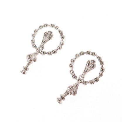 925 Sterling Silver Antique Art Deco Real Marcasite Dangle Earrings