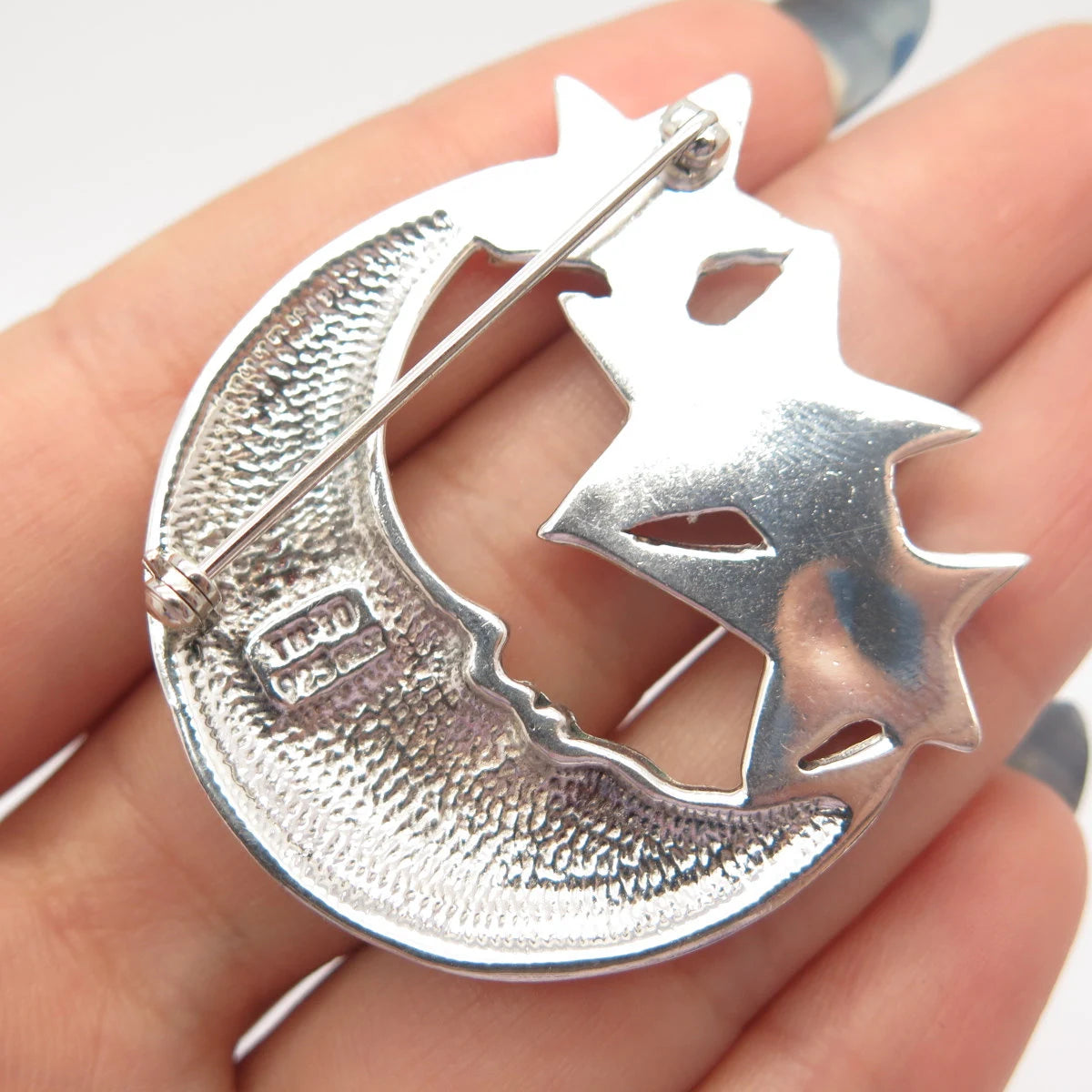 925 Sterling Silver Vintage Mexico Crescent Moon Face & Star Pin Brooch