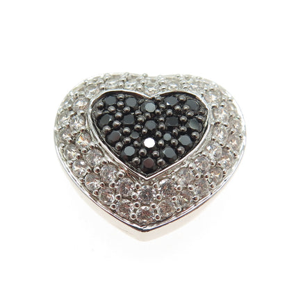 925 Sterling Silver Real Round-Cut Black Spinel & C Z Heart Slide Pendant