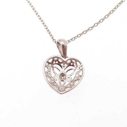 925 Sterling Silver Real Diamond Accent Trinity Heart Cable Chain Necklace 18"