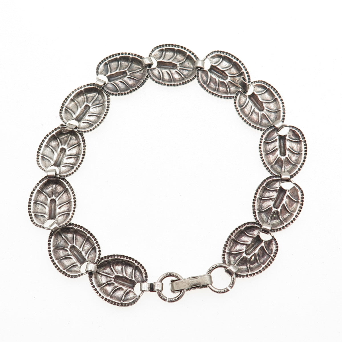 BEAU 925 Sterling Silver Antique Art Deco Floral Leaf Oxidized Bracelet 7.5"