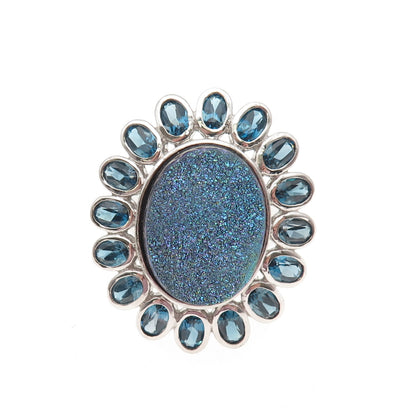 925 Sterling Silver Vintage Real Druzy & London Blue Topaz Flower Ring Size 7.25