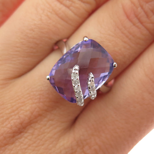 925 Sterling Silver Real Round-Cut Diamond & Amethyst Ring Size 7