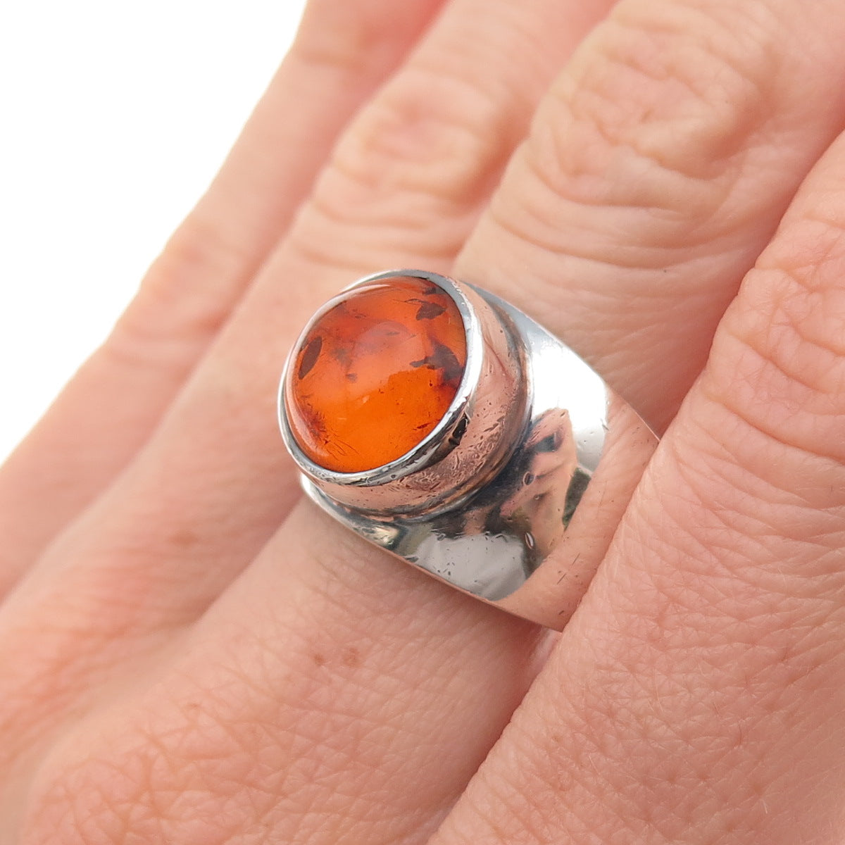Dominique Dinouart 925 Sterling Silver Vintage Mexico Real Amber Ring Size 8