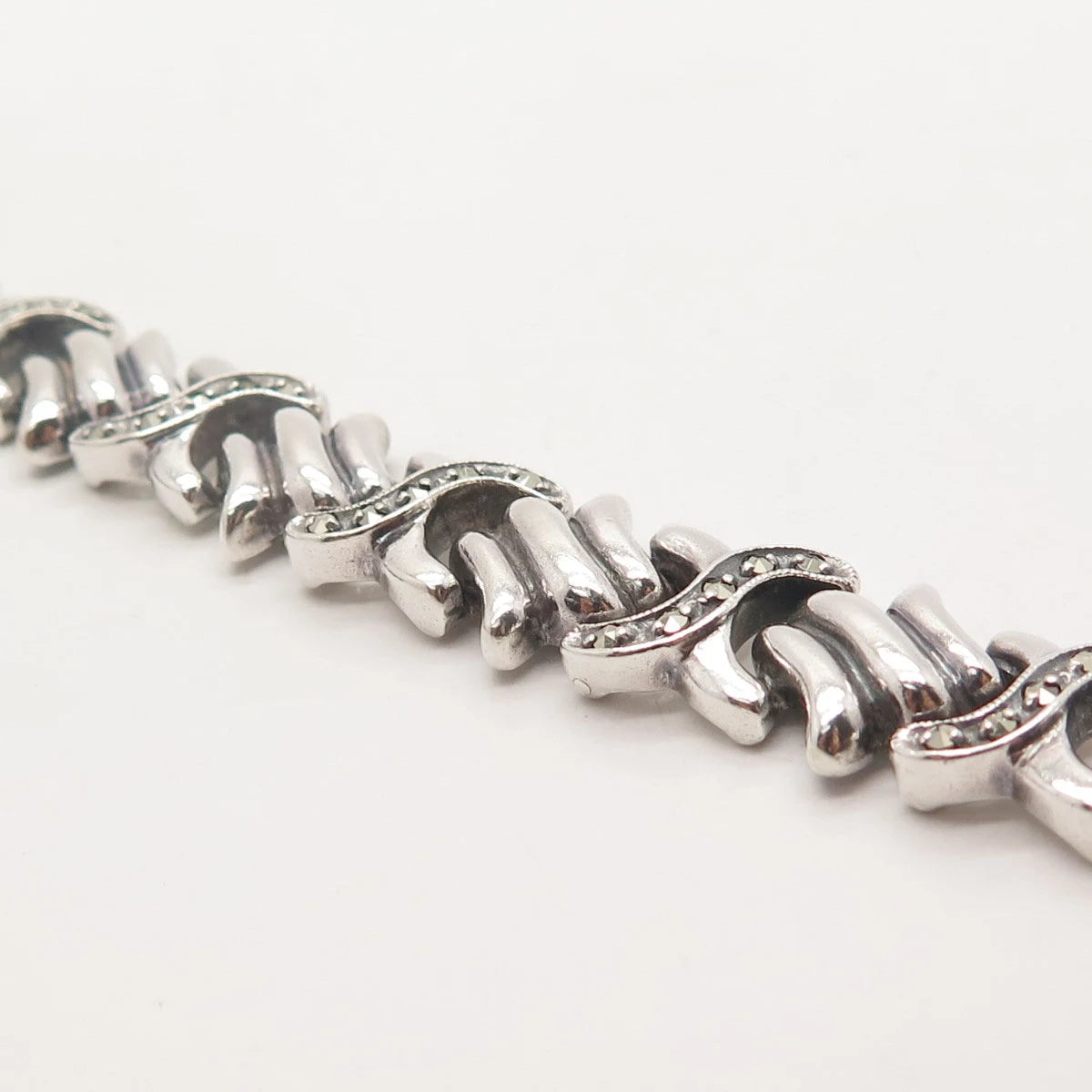 925 Sterling Silver Antique Real Marcasite Gem "X" Link Bracelet 7.25"