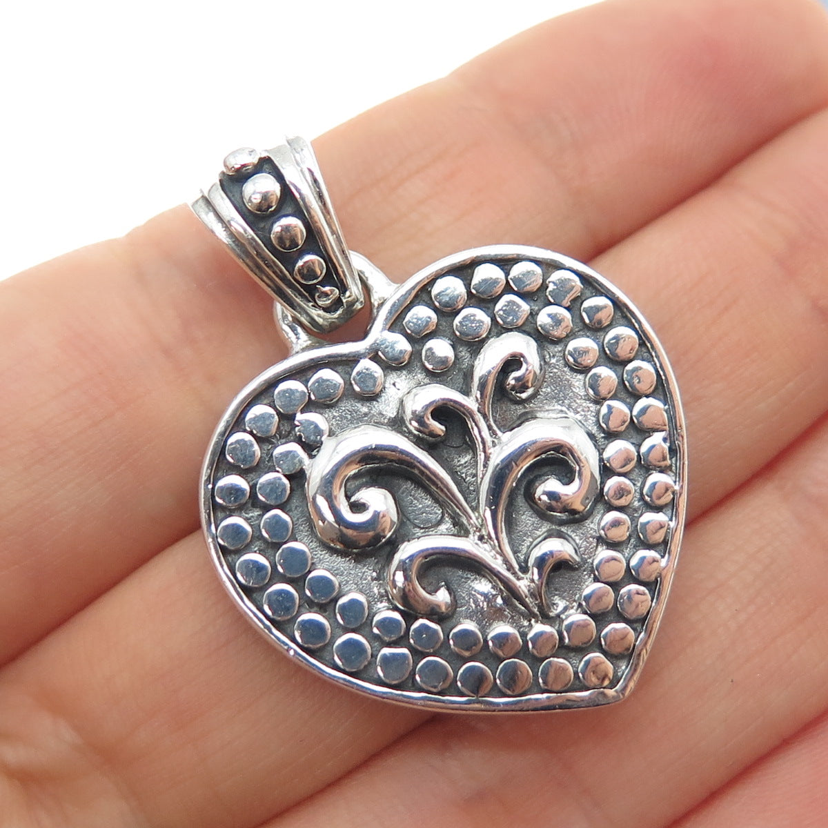 KEN CRAFTS 925 Sterling Silver Vintage Floral Heart Oxidized Charm Pendant