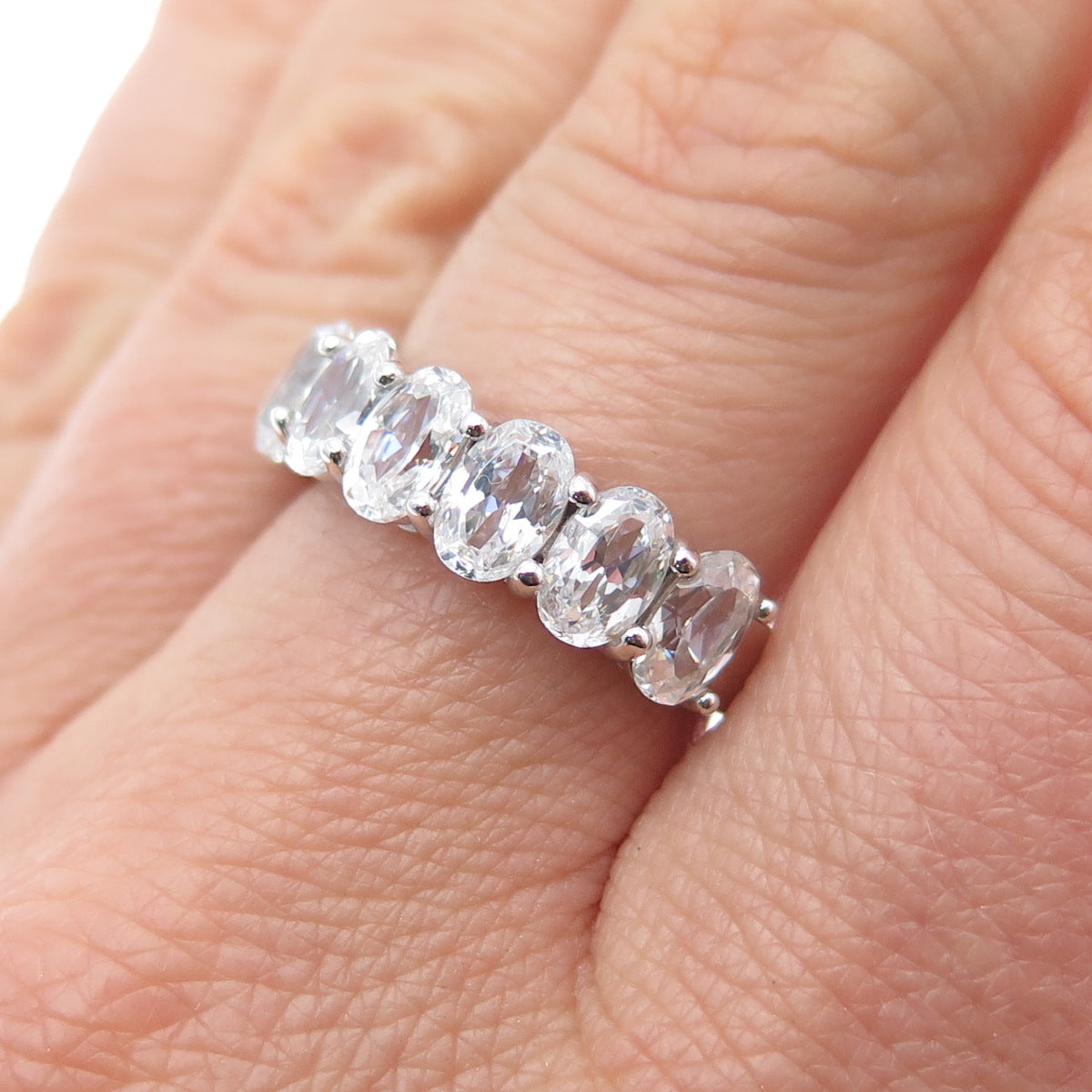 925 Sterling Silver Oval-Cut C Z Half Eternity Ring Size 7.25