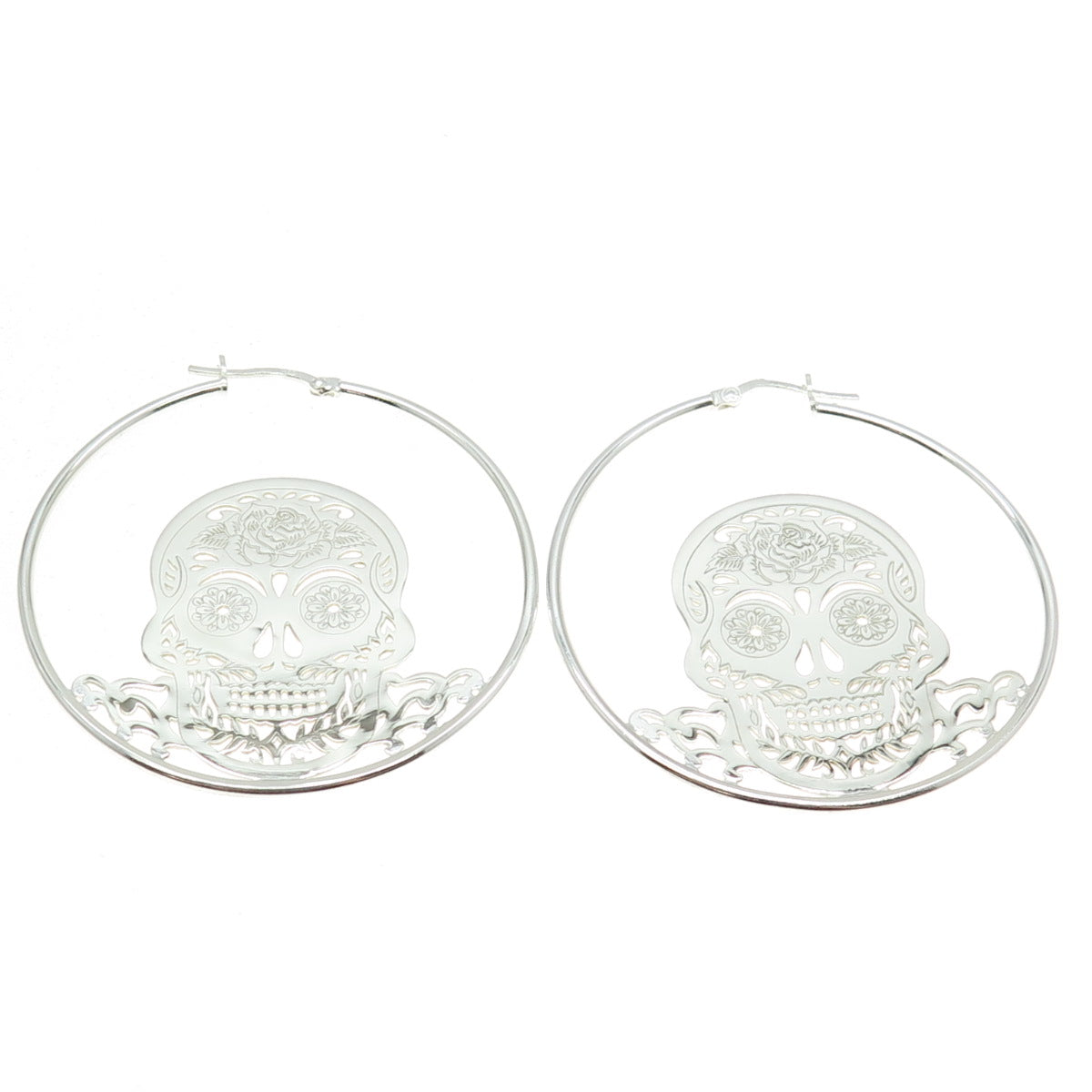 925 Sterling Silver Calavera Skull Hoop Earrings