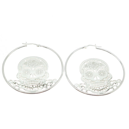 925 Sterling Silver Calavera Skull Hoop Earrings
