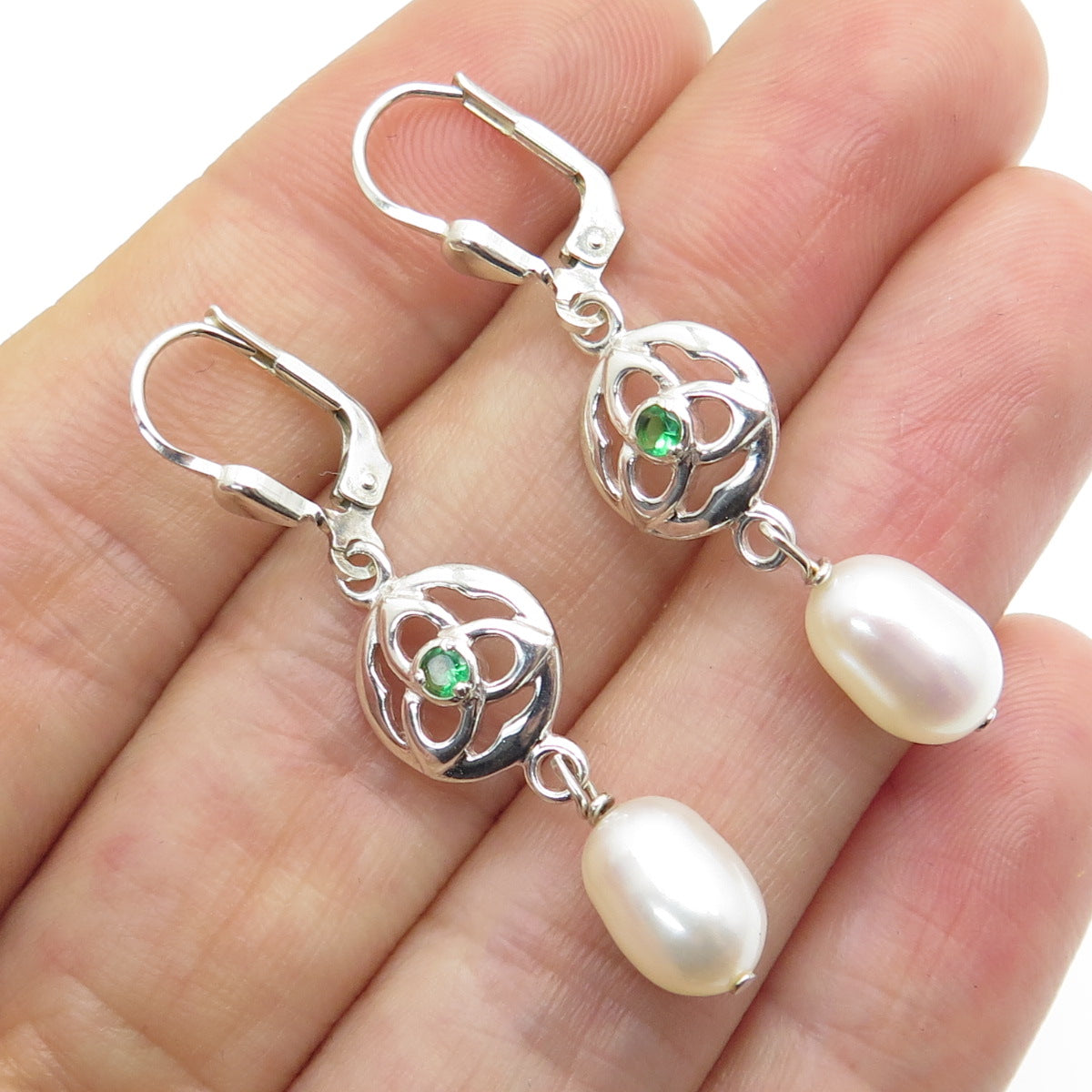 925 Sterling Silver Vintage Dublin Nano Emerald & Pearl Celtic Trinity Earrings