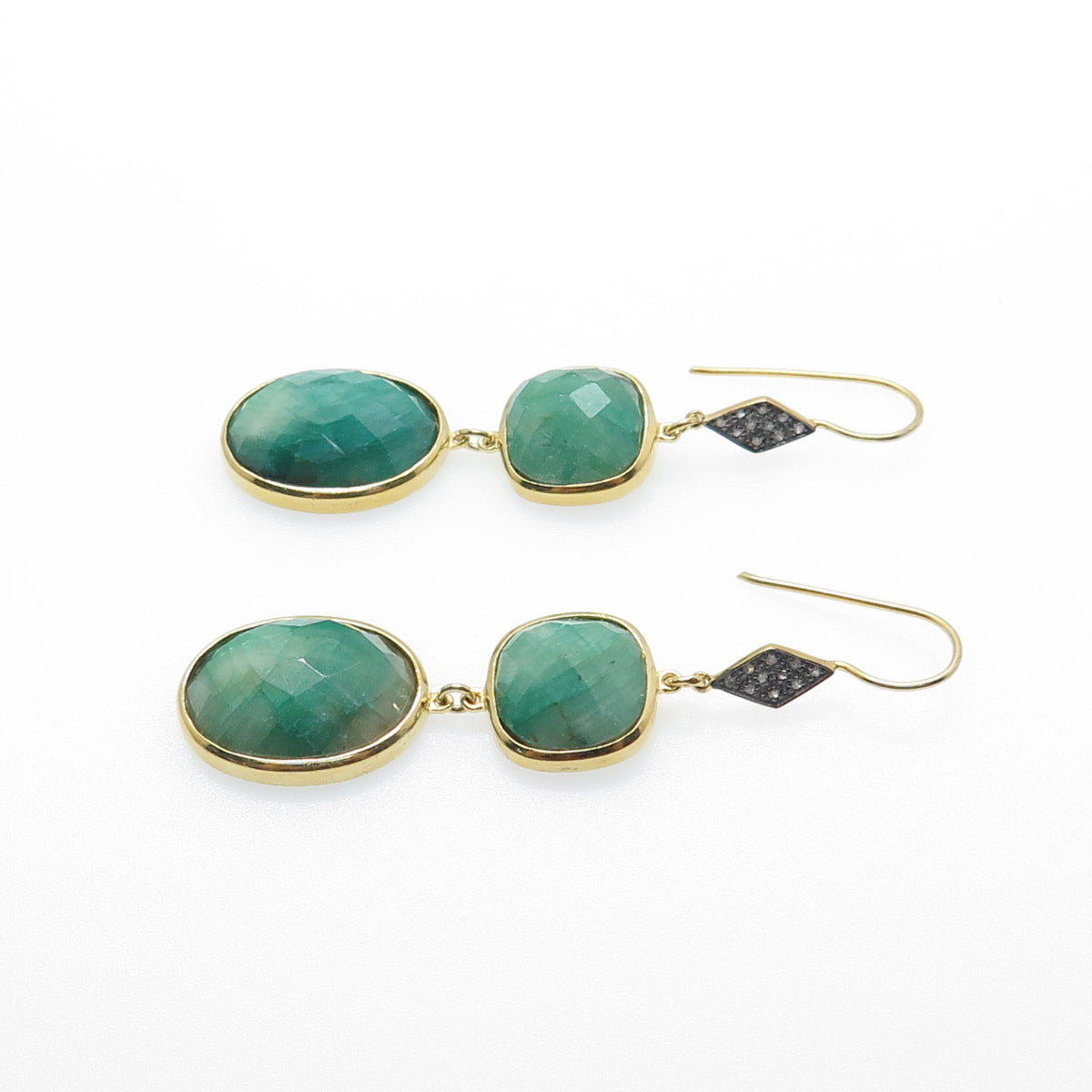 925 Sterling Silver Gold Plated Real Diamond & Emerald Dangle Earrings