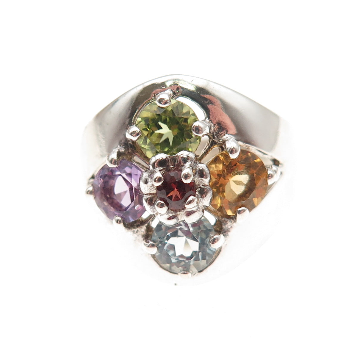 Pranda 925 Sterling Vintage Topaz Amethyst Peridot Citrine & Garnet Ring Size 7