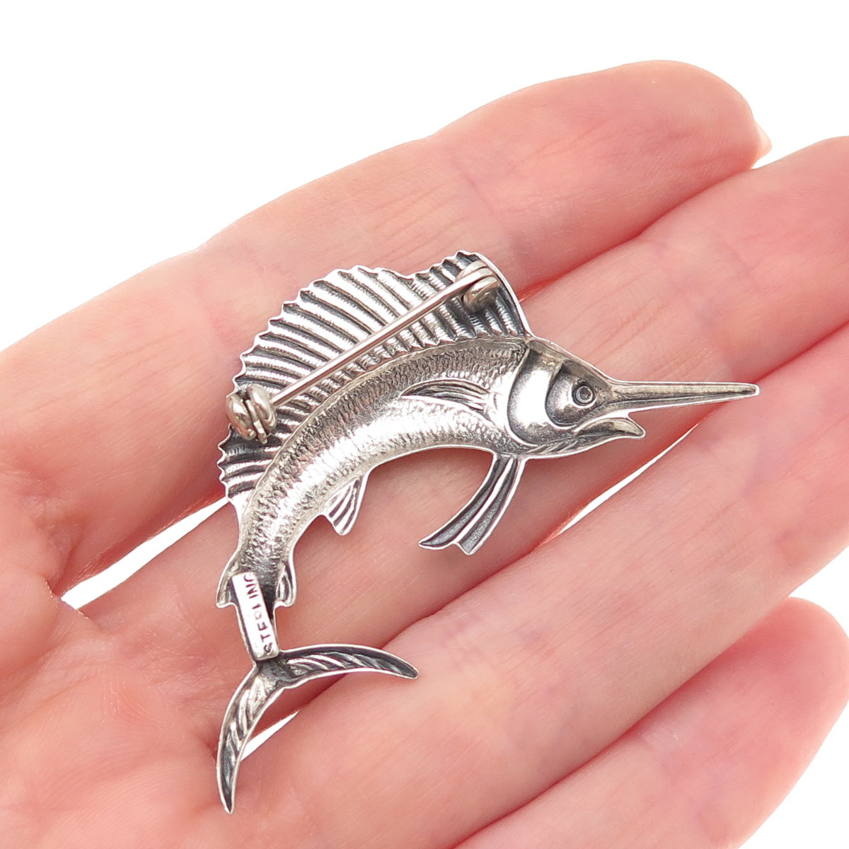 925 Sterling Silver Vintage Swordfish Oxidized Pin Brooch