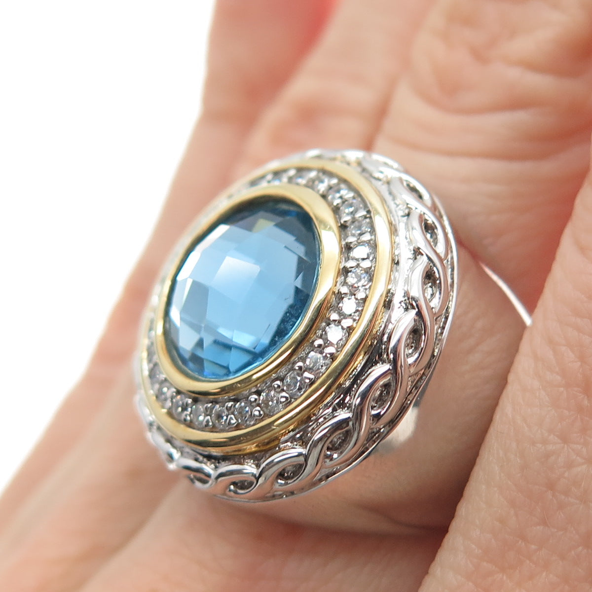 DSMK 925 Sterling Silver 2-Tone Round-Cut Blue & White C Z Ring Size 7.25