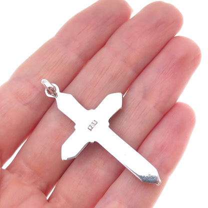 925 Sterling Silver Vintage Real Lapis Beaded Cross Oxidized Charm Pendant