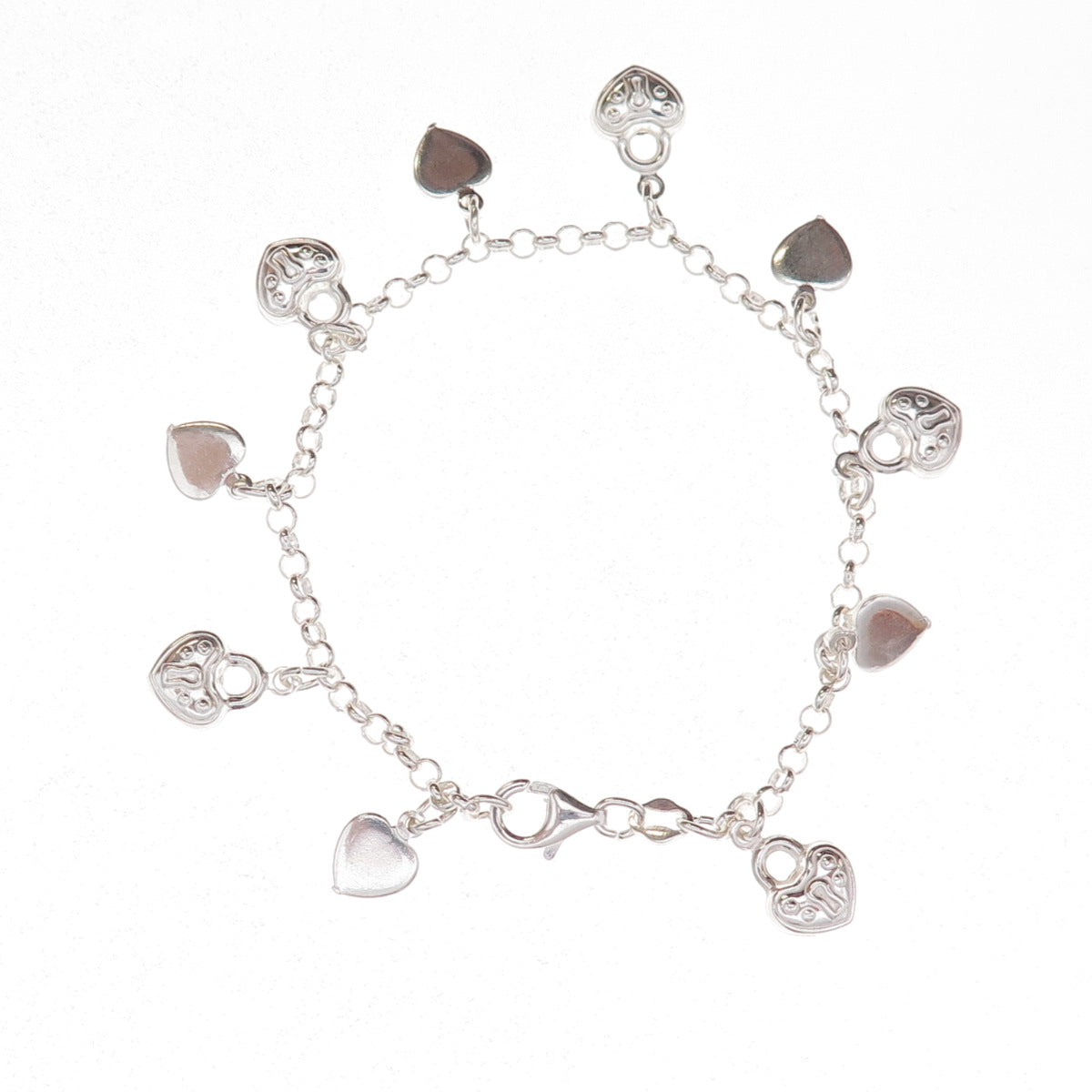 925 Sterling Silver Italy Heart Lock Dangle Charm Rolo Link Bracelet 7"