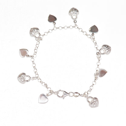 925 Sterling Silver Italy Heart Lock Dangle Charm Rolo Link Bracelet 7"