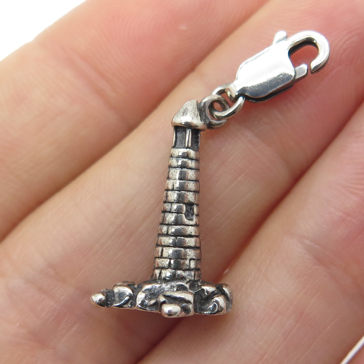 925 Sterling Silver Vintage Lighthouse Lobster Clasp Oxidized Charm Pendant