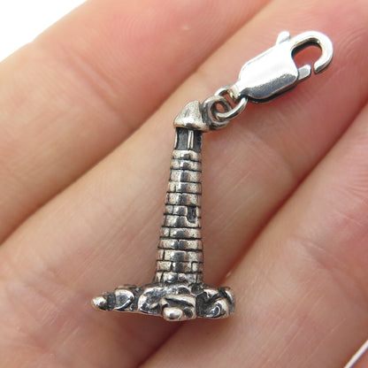 925 Sterling Silver Vintage Lighthouse Lobster Clasp Oxidized Charm Pendant