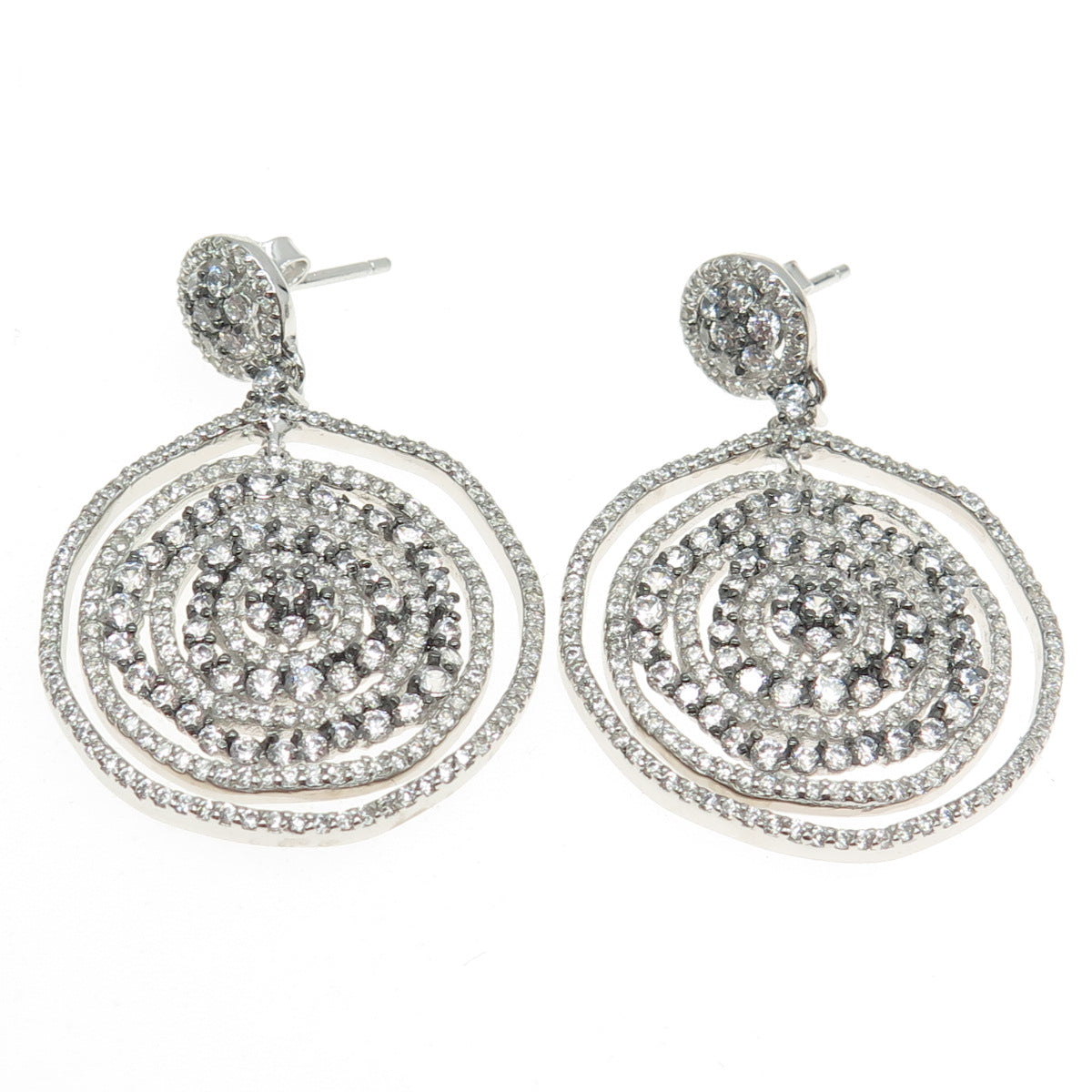 925 Sterling Silver Pave C Z Circle Dangling Earrings