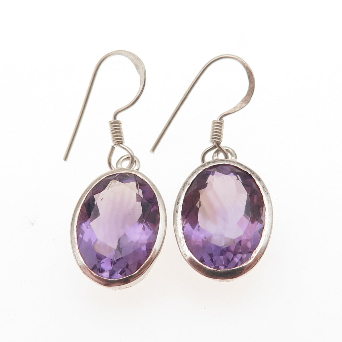 925 Sterling Silver Vintage Real Oval-Cut Amethyst Dangle Earrings