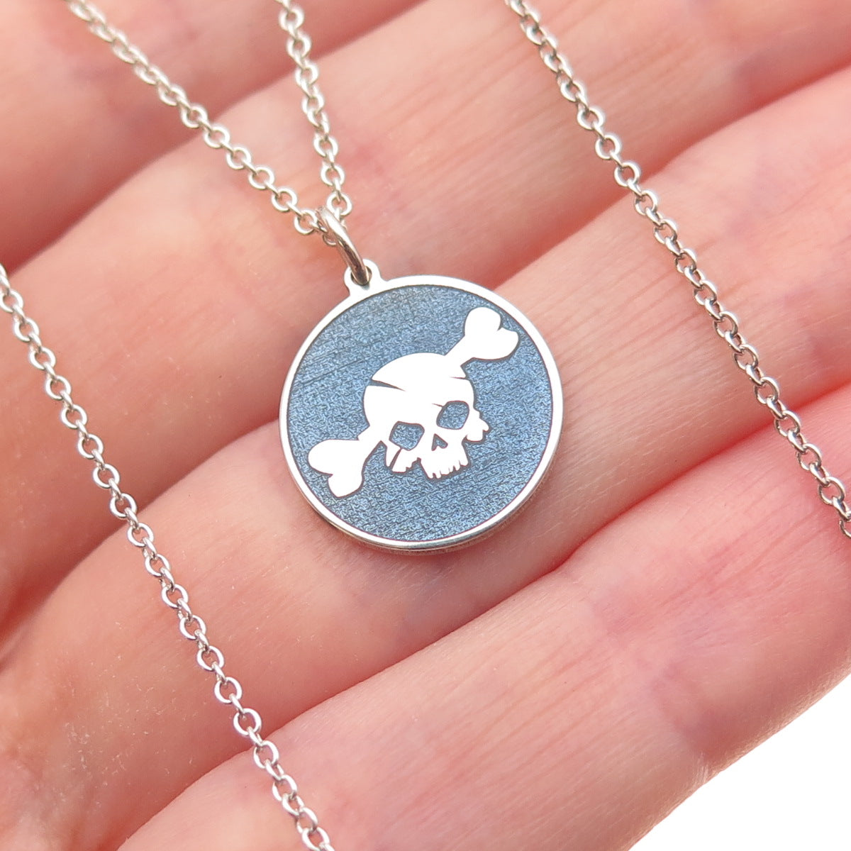 925 Sterling Silver Blue Enamel Skull Round Tag Cable Chain Necklace 18"