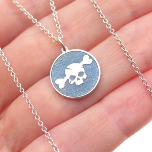 925 Sterling Silver Blue Enamel Skull Round Tag Cable Chain Necklace 18"