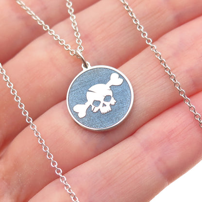 925 Sterling Silver Blue Enamel Skull Round Tag Cable Chain Necklace 18"