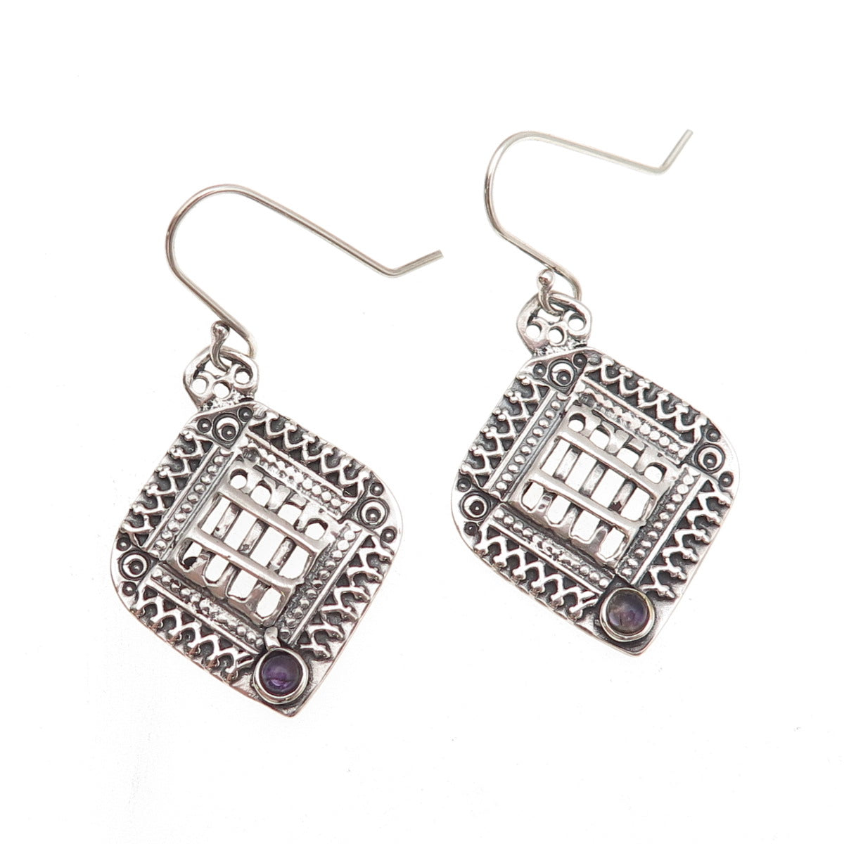 925 Sterling Silver Vintage Real Amethyst Modernist Oxidized Dangle Earrings