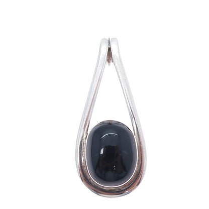925 Sterling Silver Vintage Real Black Onyx Modernist Teardrop Slide Pendant