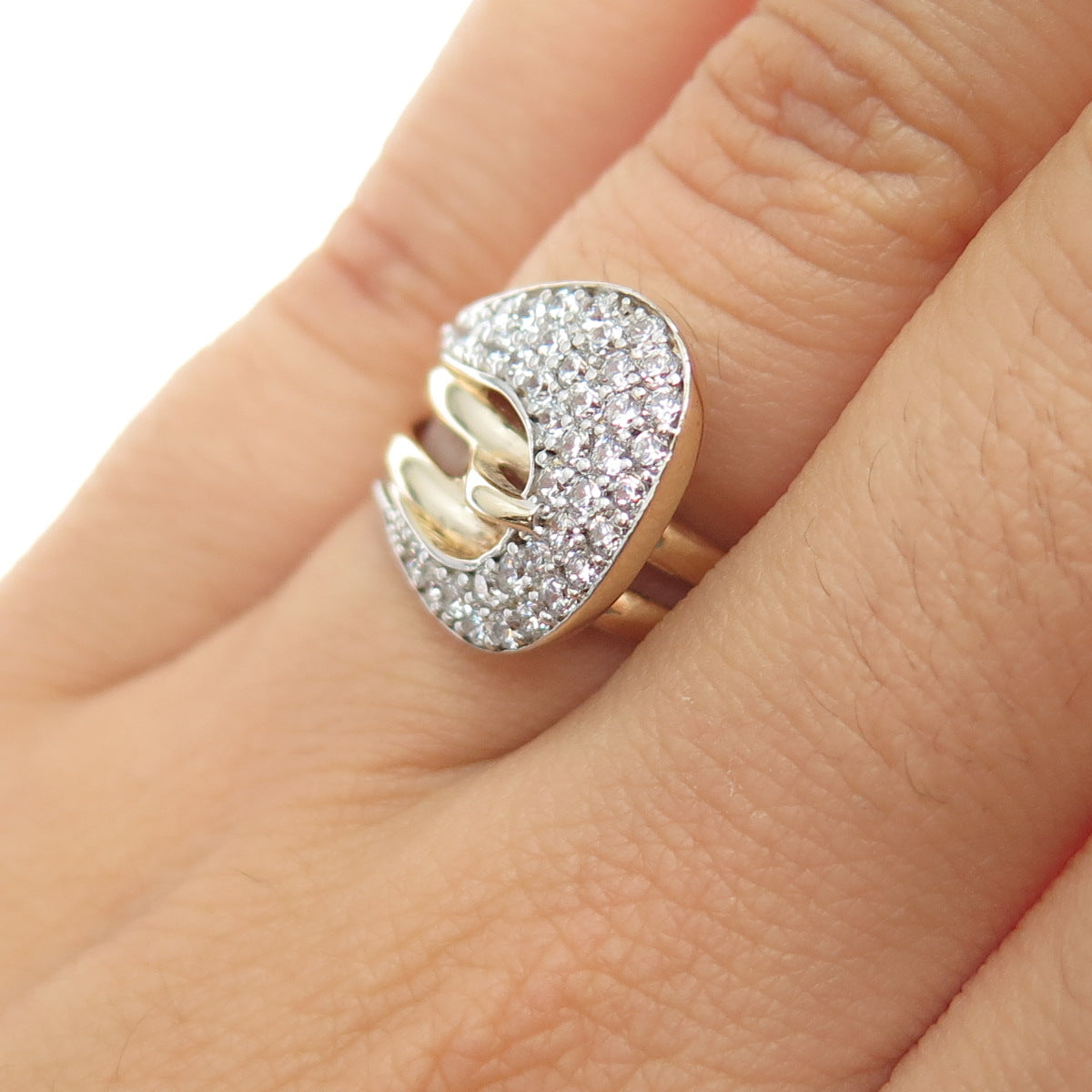 925 Sterling Silver 2-Tone Round-Cut C Z Buckle Ring Size 6.25