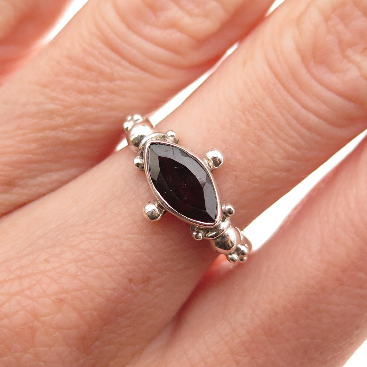 925 Sterling Silver Vintage Real Marquise-Cut Red Garnet Oxidized Ring Size 7