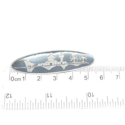 925 Sterling Silver Antique Niello Hindu Temple Pin Brooch