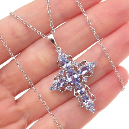 925 Sterling Silver Real Tanzanite Ornate Cross Cable Chain Necklace 22"