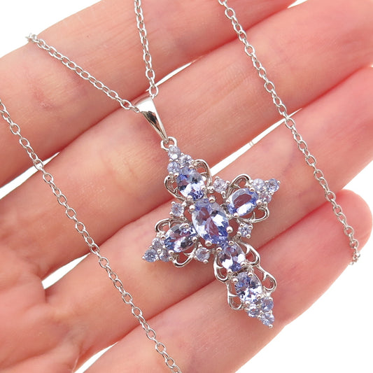 925 Sterling Silver Real Tanzanite Ornate Cross Cable Chain Necklace 22"
