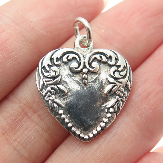 925 Sterling Silver Antique Floral Ornate Heart Charm Pendant