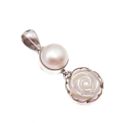 925 Sterling Silver Real Pearl & MOP Rose Carved Floral Charm Pendant