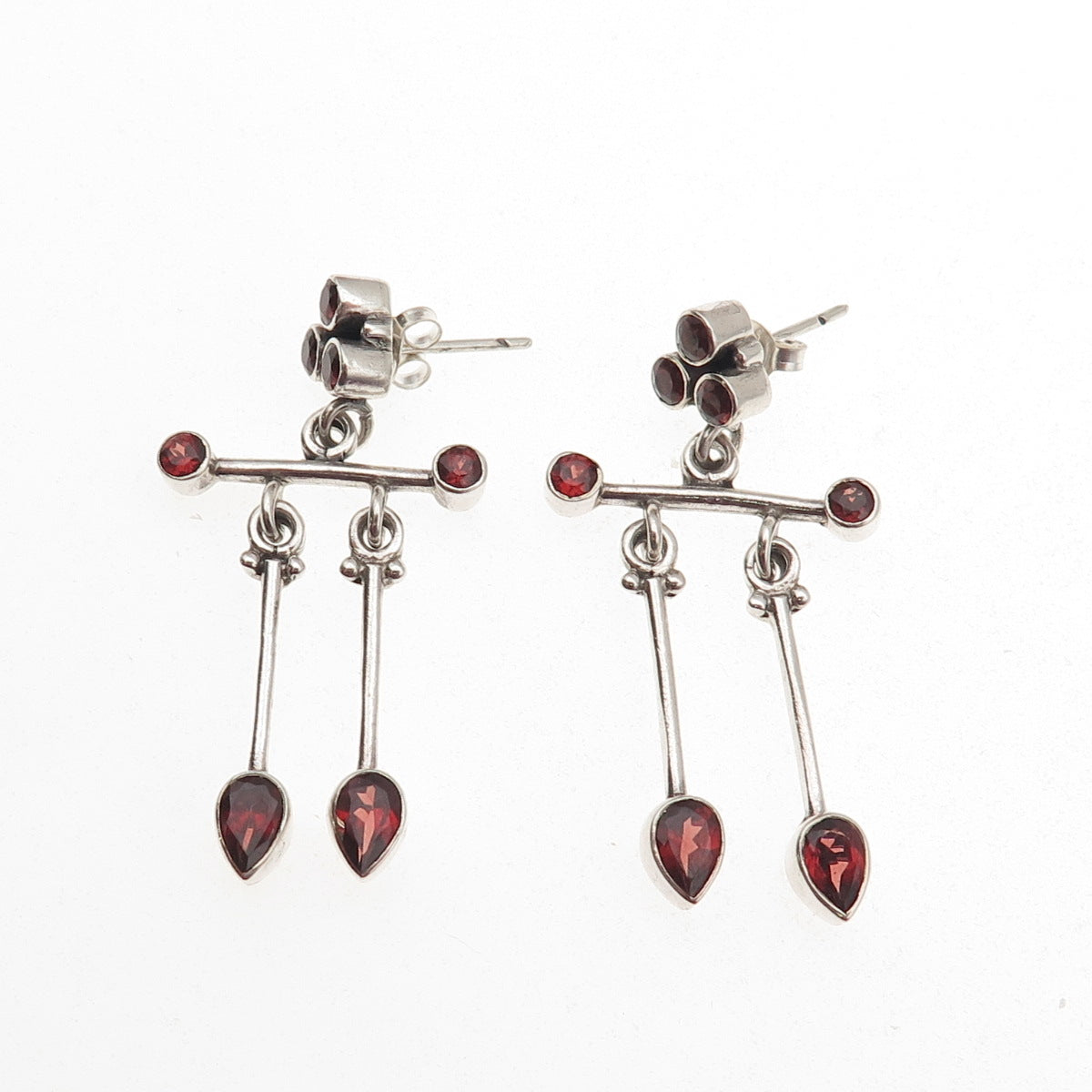 925 Sterling Silver Vintage Real Red Garnet Modernist Dangle Earrings