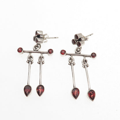 925 Sterling Silver Vintage Real Red Garnet Modernist Dangle Earrings