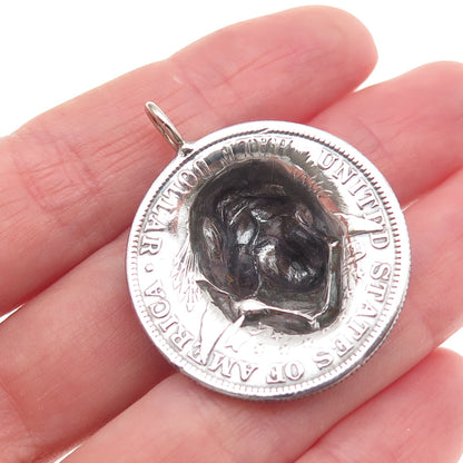 900 Silver Antique 1908 US Barber Half Dollar Repousse Coin Charm Pendant
