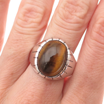 925 Sterling Silver Vintage Real Tiger Eye Modernist Oxidized Ring Size 11.5