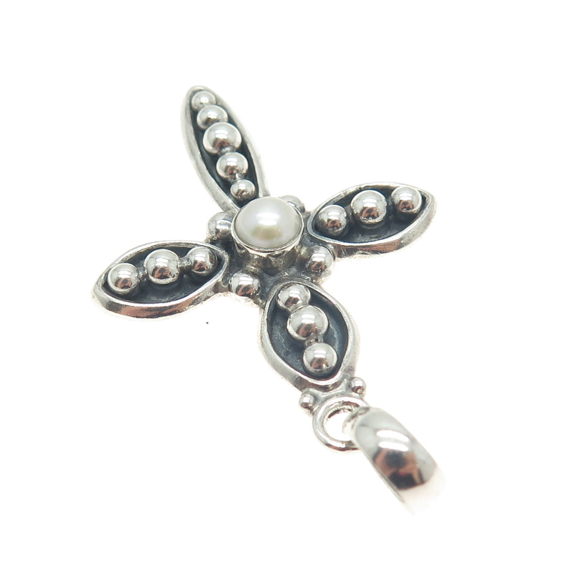 SILPADA 925 Sterling Silver Vintage Real Pearl Beaded Cross Oxidized Pendant