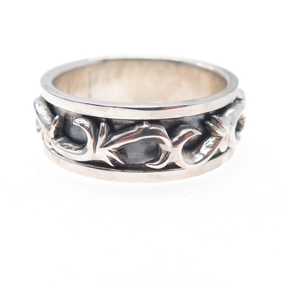 925 Sterling Silver Vintage Modernist Swirl Oxidized Rotating Band Ring Size 13